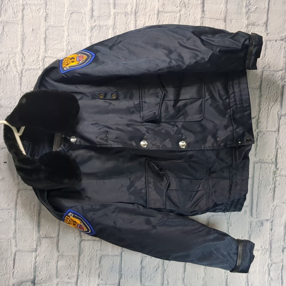 Vintage Police Jacket Men's Fits 80s Bomber Fur Collared Lined Uniform Blue